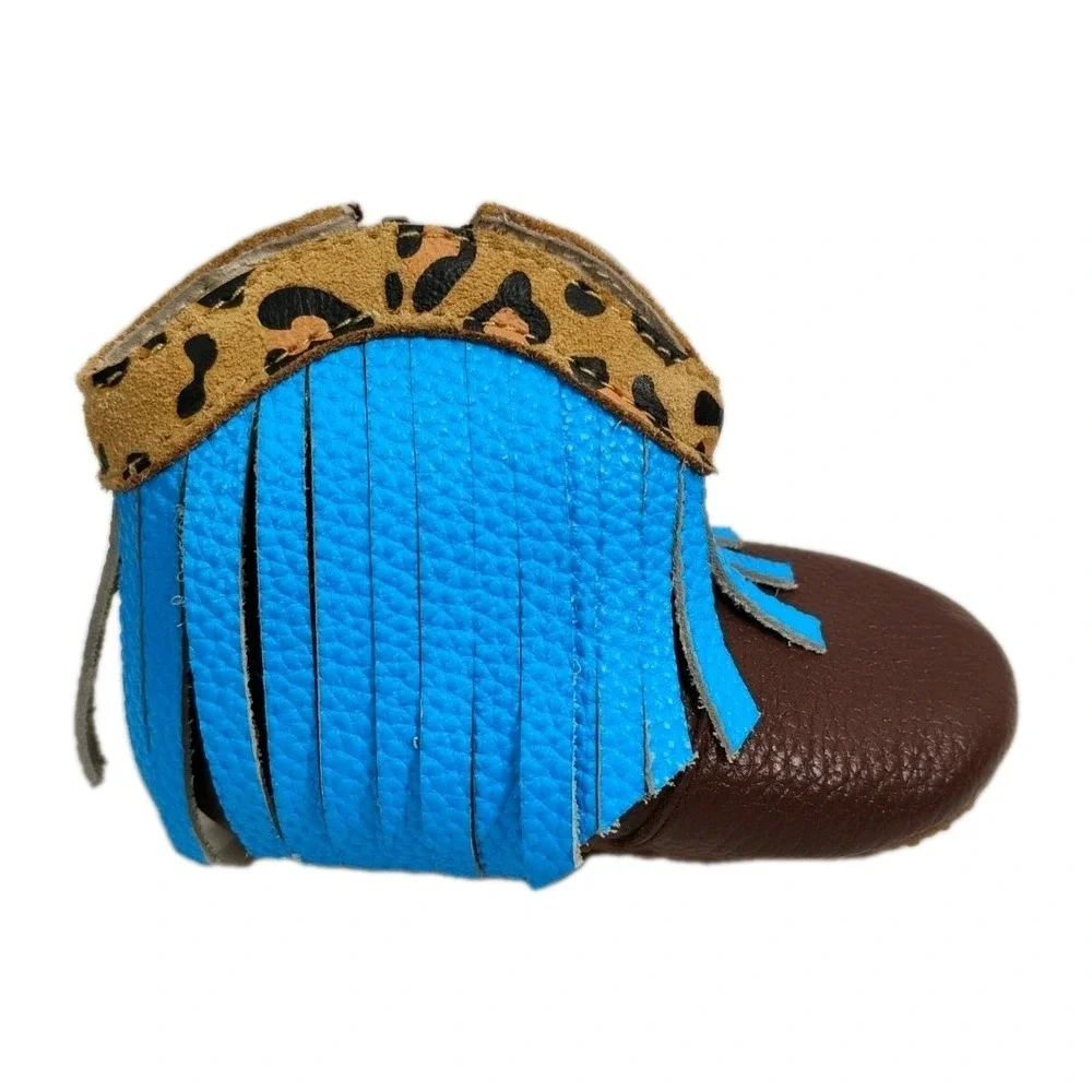 Little Toe Co. Girls 6-12m‎ Leopard Print Blue Fringe Brown Infant Shoes Boots